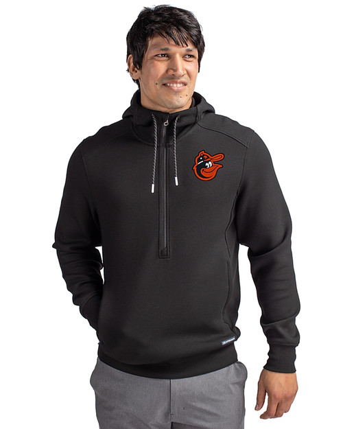Baltimore Orioles Cooperstown Cutter & Buck Roam Epic Versatility Half Zip Recycled Mens Hooded Pullover Black Front