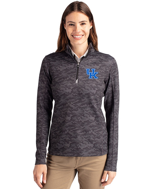 Kentucky Wildcats Cutter & Buck Traverse Stretch Eco Camo Print Quarter Zip Womens Pullover Black Front
