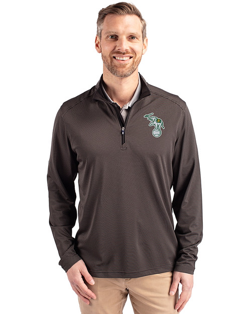 Athletics Cooperstown Cutter & Buck Virtue Eco Pique Micro Stripe Recycled Mens Big & Tall Quarter Zip Black/Elemental Grey Front