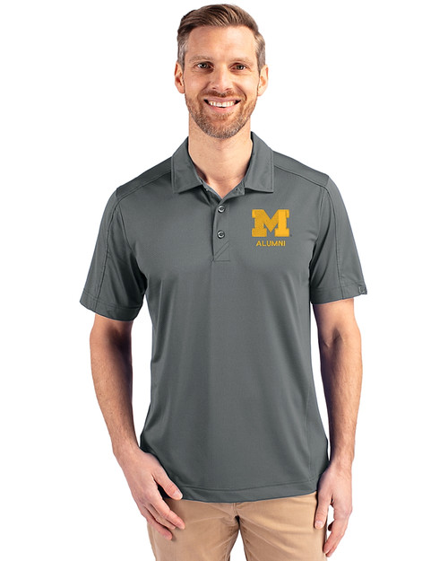Michigan Wolverines Alumni Cutter & Buck Prospect Epic Confidence Recycled Textured Stretch Mens Big & Tall Polo Elemental Grey Front