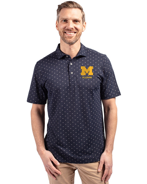 Michigan Wolverines Alumni Cutter & Buck Virtue Recycled Tile Print Featherlight Pique Mens  Polo Navy Blue Front