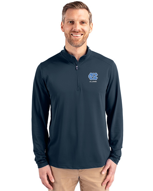 North Carolina Tar Heels Alumni Cutter & Buck Virtue Eco Pique Recycled Quarter Zip Mens Big & Tall Pullover Navy Blue Front