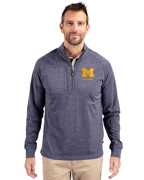 Michigan Wolverines Alumni Cutter & Buck Adapt Recycled Soft Knit Stretch Mens Heathered Quarter Zip Pullover  Navy Blue Heather Front