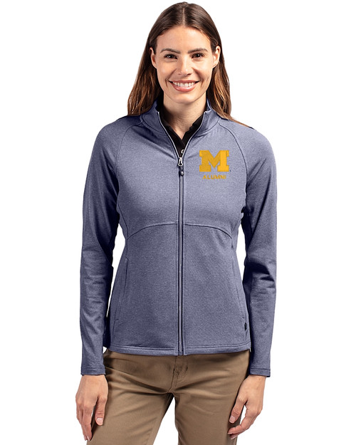 Michigan Wolverines Alumni Cutter & Buck Adapt Eco Knit Heather Recycled Womens Full Zip Navy Blue Heather Front