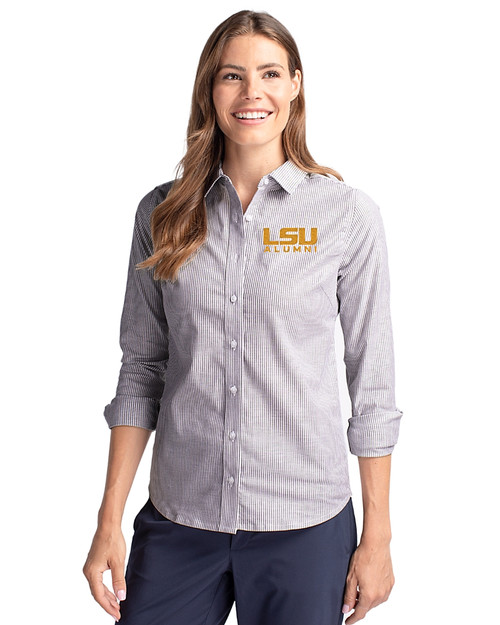 LSU Tigers Alumni Cutter & Buck Stretch Oxford Stripe Womens Long Sleeve Dress Shirt Charcoal Front