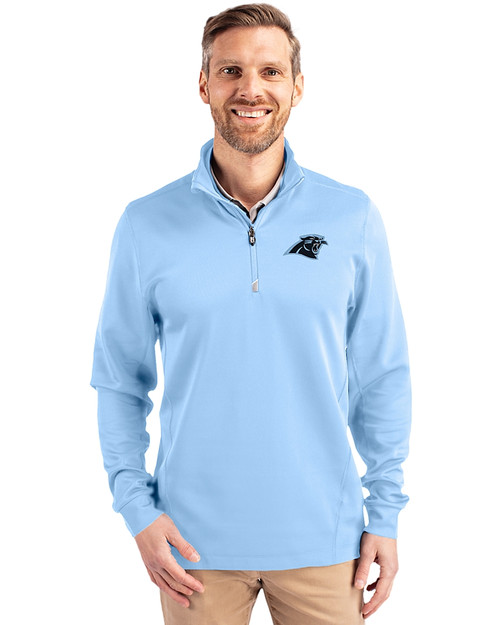 Carolina Panthers Cutter & Buck Traverse Stretch Eco Quarter Zip Mens Pullover Atlas Light Blue Front