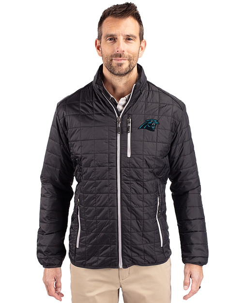 Carolina Panthers Cutter & Buck Rainier PrimaLoft® Mens Eco Insulated Full Zip Puffer Jacket Black Front