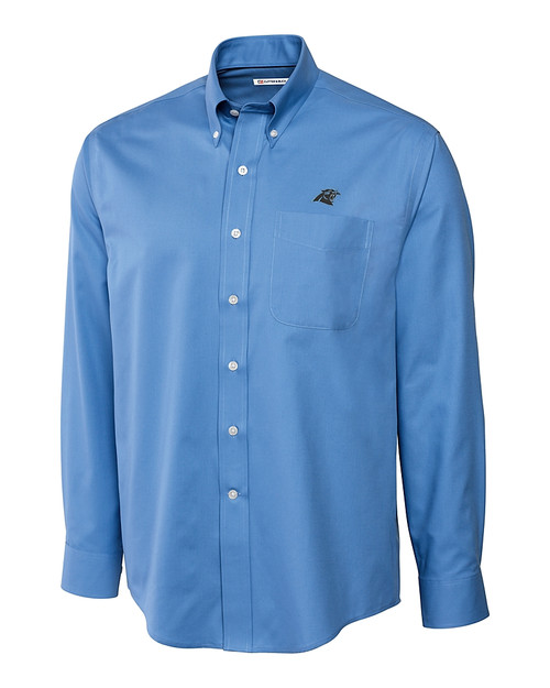 Carolina Panthers Cutter & Buck Epic Easy Care Fine Twill Mens Long Sleeve Dress Shirt Atlas Light Blue Mannequin