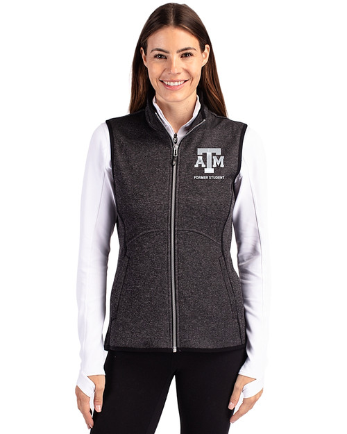 Texas A&M Aggies Alumni Cutter & Buck Mainsail Sweater Knit Womens Full Zip Vest Charcoal Heather Front
