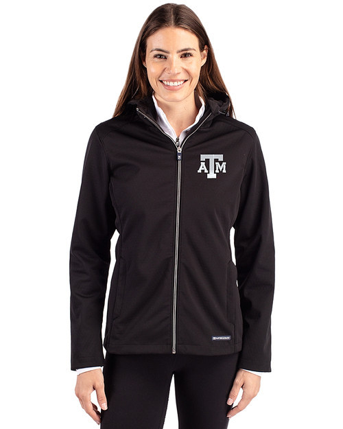 Texas A&M Aggies Cutter & Buck Evoke Softshell Recycled Full Zip Womens Jacket Black Front