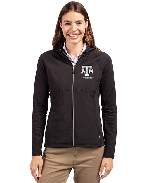 Texas A&M Aggies Alumni Cutter & Buck Adapt Eco Knit Hybrid Recycled Womens Full Zip Jacket Black Front