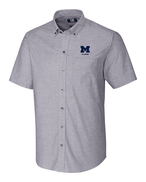 Michigan Wolverines Alumni Cutter & Buck Stretch Oxford Mens Big and Tall Short Sleeve Dress Shirt Charcoal Mannequin