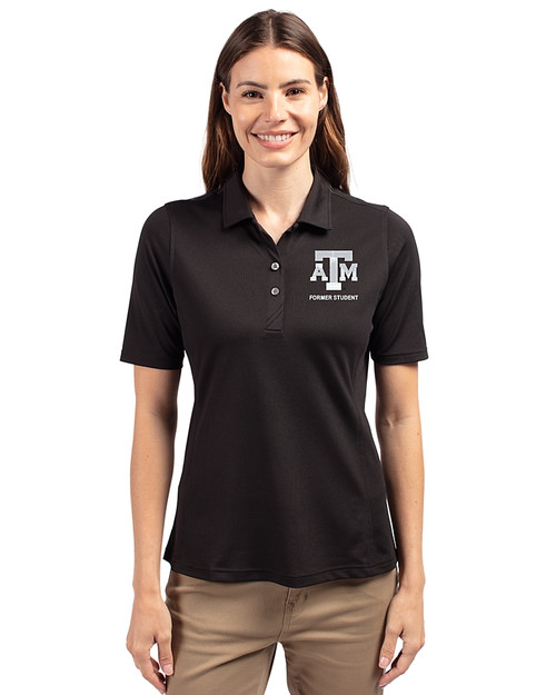 Texas A&M Aggies Alumni Cutter & Buck Virtue Eco Pique Recycled Womens Polo Black Front