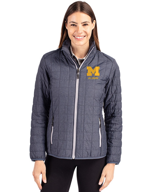 Michigan Wolverines Alumni Cutter & Buck Rainier PrimaLoft®  Womens Eco Insulated Full Zip Puffer Jacket Anthracite Melange Front