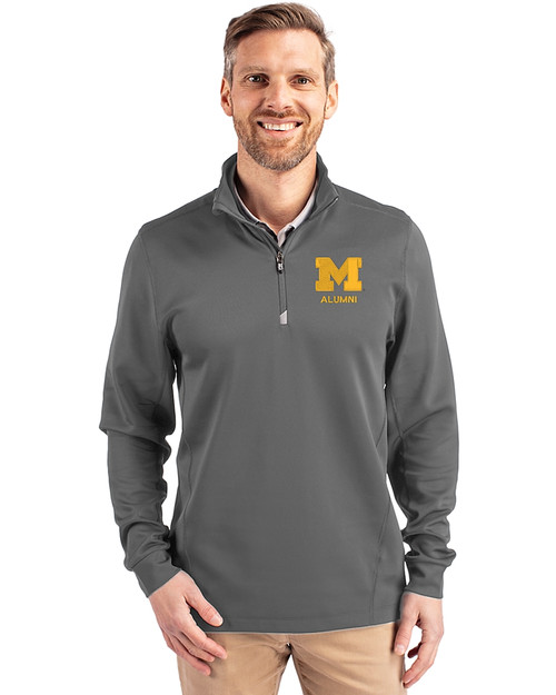 Michigan Wolverines Alumni Cutter & Buck Traverse Stretch Eco Quarter Zip Mens Pullover Elemental Grey Front