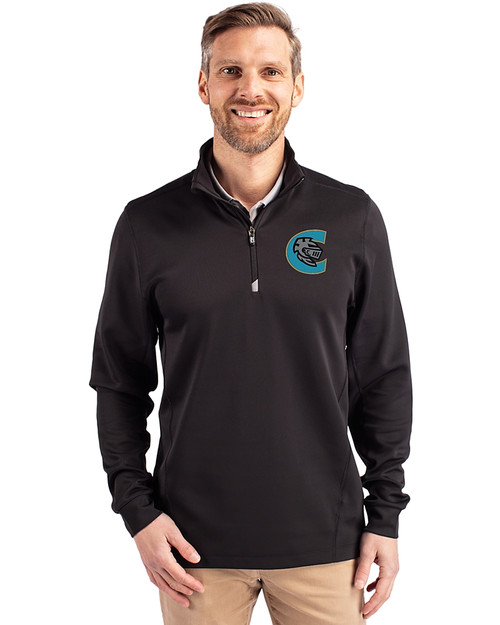 Charlotte Knights Cutter & Buck Traverse Recycled Smooth Stretch Mens Quarter Zip Pullover Black Front