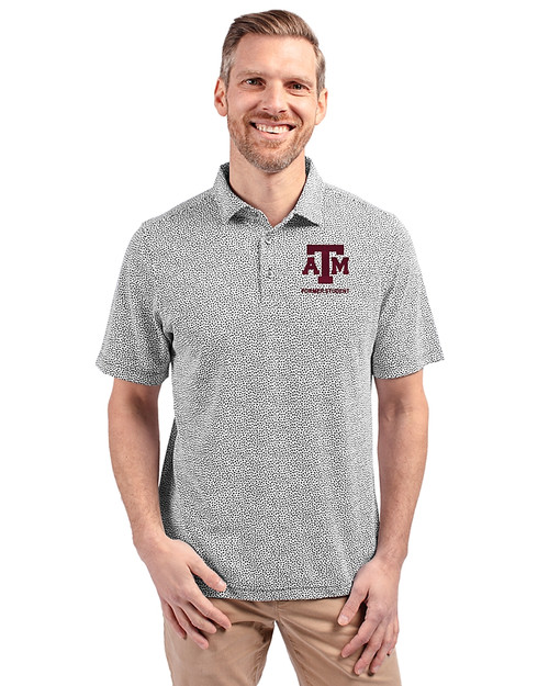 Texas A&M Aggies Alumni Cutter & Buck Virtue Eco Pique Botanical Print Recycled Mens Polo Black Front