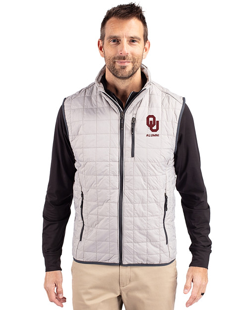 Oklahoma Sooners Alumni (Lights and CDR) Cutter & Buck Rainier PrimaLoft® Mens Eco Insulated Full Zip Puffer Vest Polished Medium Gray Front