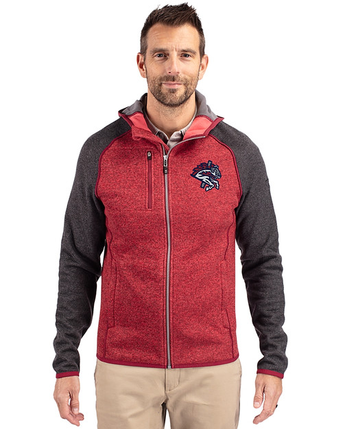 Binghamton Rumble Ponies Cutter & Buck Mainsail Full Zip Hooded Mens Jacket Cardinal Red Heather/Charcoal Heather Front