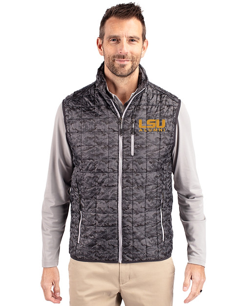 LSU Tigers Alumni Cutter & Buck Rainier PrimaLoft® Mens Eco Insulated Full Zip Printed Puffer Vest Black Front