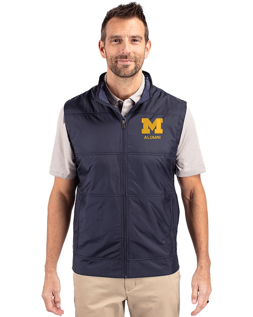 Michigan Wolverines Alumni Cutter & Buck Stealth Hybrid Quilted Mens Windbreaker Vest Liberty Navy Front
