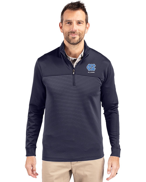 North Carolina Tar Heels Alumni Cutter & Buck Traverse Stretch Eco Stripe Quarter Zip Mens Big and Tall Pullover Liberty Navy Front