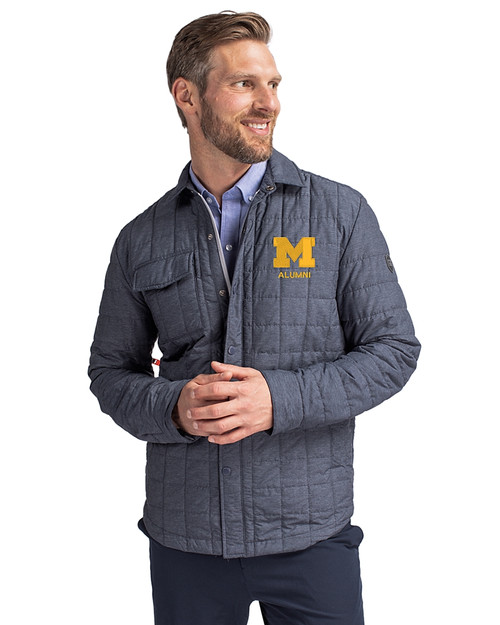 Michigan Wolverines Alumni Cutter & Buck Rainier Recycled Insulated Puffer Mens Big & Tall Full Zip Shirt Jacket Anthracite Melange Front