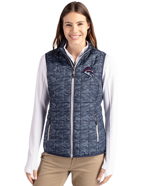 Binghamton Rumble Ponies Cutter & Buck Rainier PrimaLoft® Womens Eco Insulated Full Zip Printed Puffer Vest Dark Navy Front