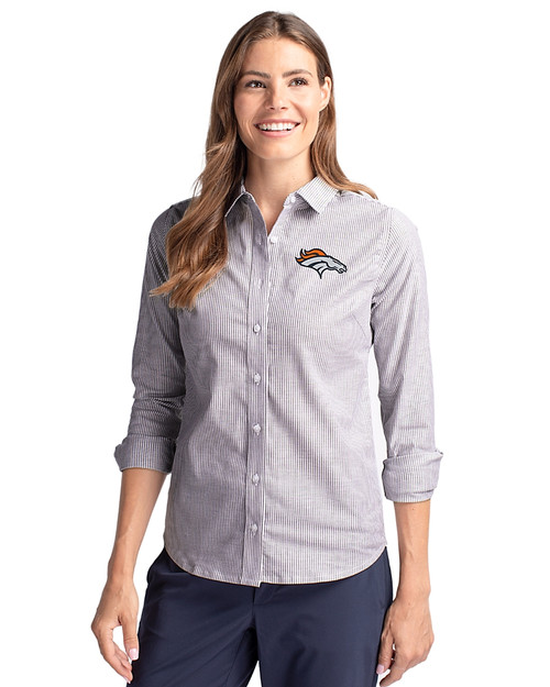 Denver Broncos Cutter & Buck Stretch Oxford Stripe Womens Long Sleeve Dress Shirt Charcoal Front