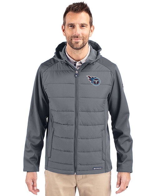 Tennessee Titans Cutter & Buck Evoke Hybrid Eco Softshell Recycled Full Zip Mens Big & Tall Hooded Jacket Elemental Grey Front
