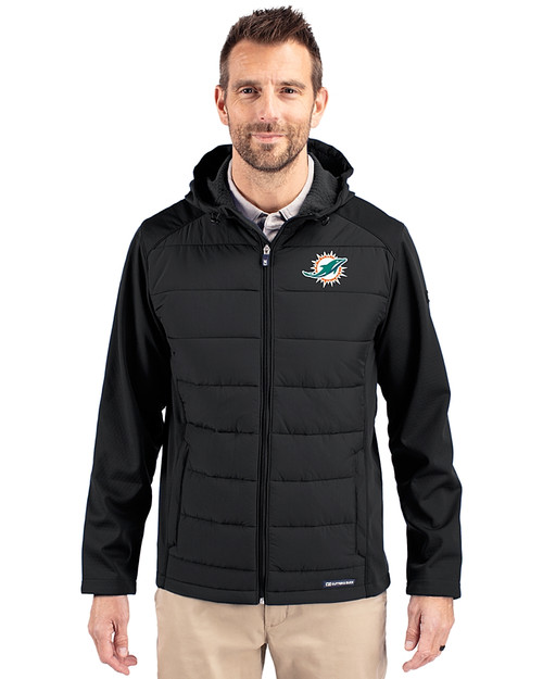 Miami Dolphins Cutter & Buck Evoke Recycled HoneycombFleece Mens Big & Tall Hybrid Full Zip Jacket Black Front