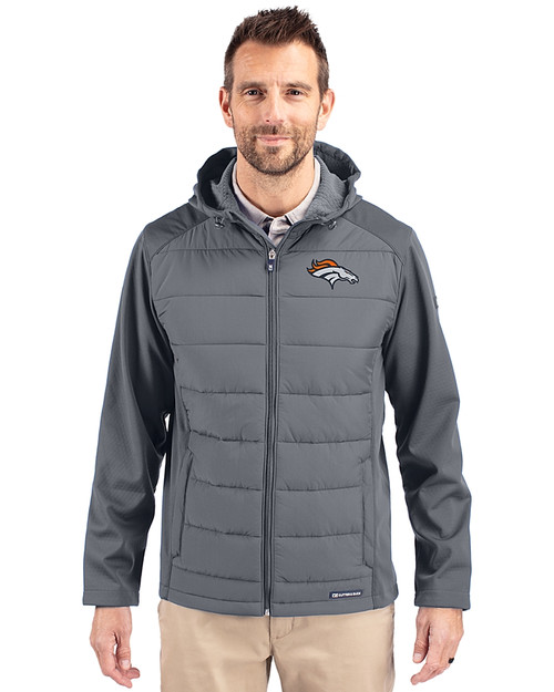 Denver Broncos Cutter & Buck Evoke Hybrid Eco Softshell Recycled Full Zip Mens Big & Tall Hooded Jacket Elemental Grey Front