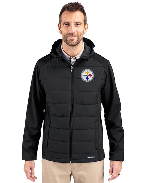 Pittsburgh Steelers Cutter & Buck Evoke Hybrid Eco Softshell Recycled Full Zip Mens Big & Tall Hooded Jacket Black Front