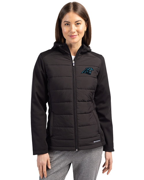 Carolina Panthers Cutter & Buck Evoke Hybrid Softshell Recycled Full Zip Womens Hooded Jacket Black Front