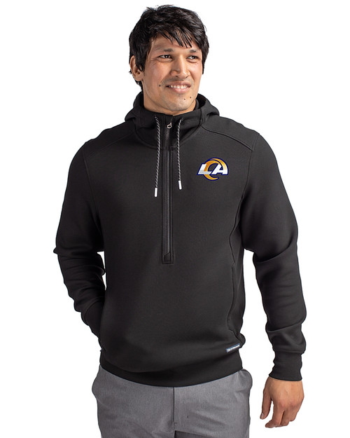 Los Angeles Rams Cutter & Buck Roam Epic Versatility Half Zip Recycled Mens Hooded Pullover Black Front