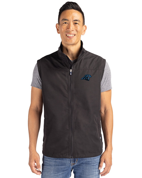 Carolina Panthers Cutter & Buck Charter Recycled Packable Mens Big & Tall Full Zip Vest Black Front