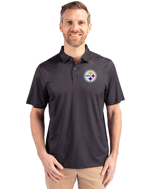 Pittsburgh Steelers Cutter & Buck Pike Eco Tonal Geo Print Stretch Recycled Mens Big & Tall Polo Black Front