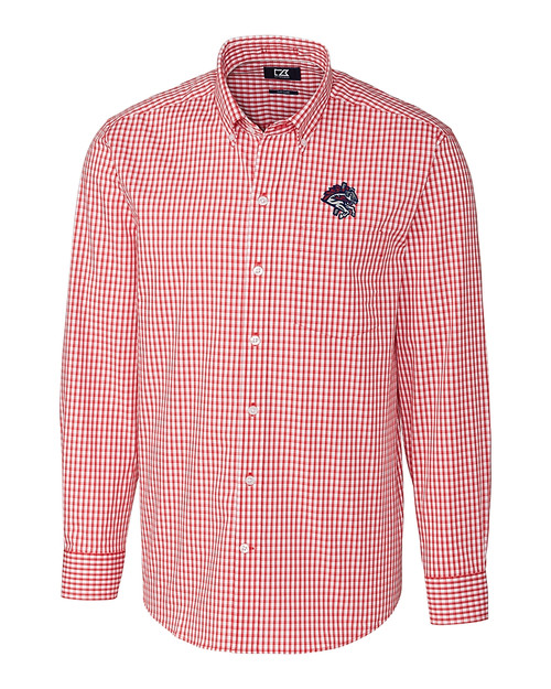 Binghamton Rumble Ponies Cutter & Buck Easy Care Stretch Gingham Mens Big & Tall Long Sleeve Button Down Shirt Cardinal Red Mannequin