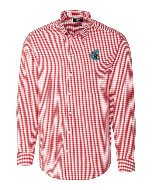 Charlotte Knights Cutter & Buck Easy Care Stretch Gingham Mens Long Sleeve Dress Shirt Cardinal Red Mannequin