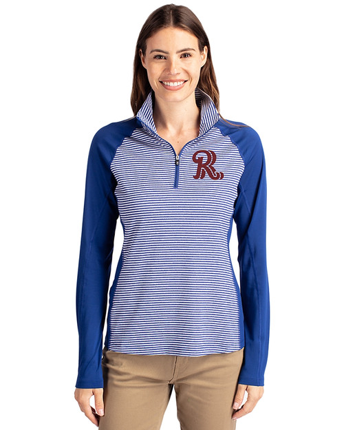 Frisco RoughRiders Cutter & Buck Forge Tonal Stripe Stretch Half Zip Womens Top Tour Blue Front
