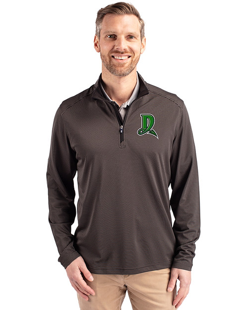 Dayton Dragons Cutter & Buck Virtue Recycled Micro Stripe Featherlight Pique Mens Big & Tall Quarter Zip Pullover Black/Elemental Grey Front