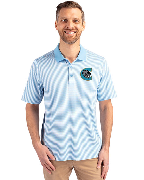Charlotte Knights Cutter & Buck Forge Tonal Stripe Stretch Mens Polo Atlas Light Blue Front