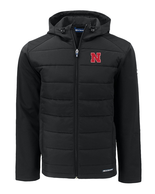 Nebraska Cornhuskers Cutter & Buck Evoke Hybrid Eco Softshell Recycled Full Zip Mens Big & Tall Hooded Jacket BL_MANN_HG 