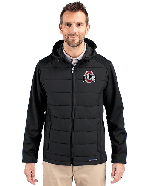 Ohio State Buckeyes- Cutter & Buck Evoke Hybrid Softshell Recycled Full Zip Mens Hooded Jacket Black Front