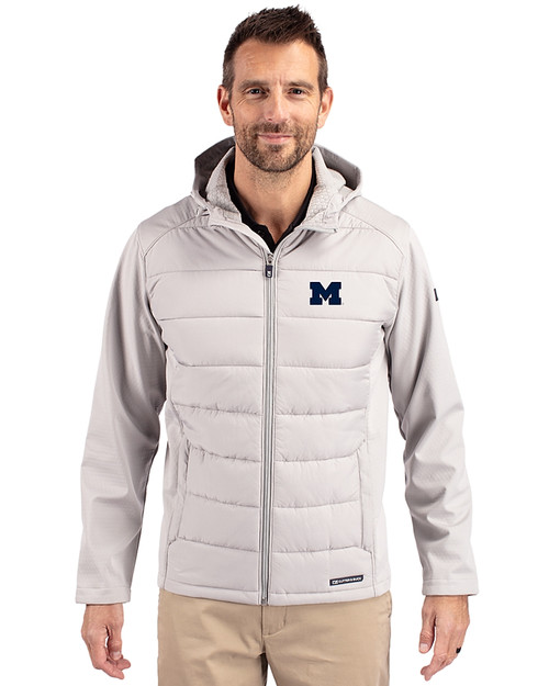 Michigan Wolverines Cutter & Buck Evoke Hybrid Softshell Recycled Full Zip Mens Hooded Jacket CONCRETE Front