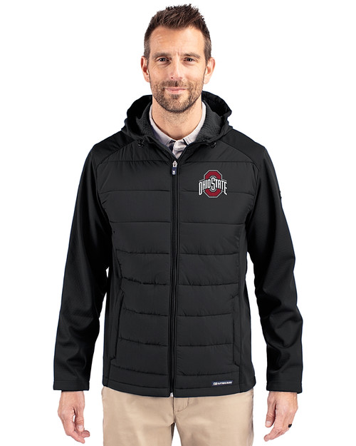 Ohio State Buckeyes - Cutter & Buck Evoke Hybrid Softshell Recycled Full Zip Mens Hooded Jacket Black Front