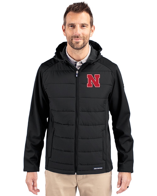 Nebraska Cornhuskers Cutter & Buck Evoke Hybrid Softshell Recycled Full Zip Mens Hooded Jacket Black Front