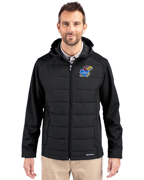 Kansas Jayhawks Cutter & Buck Evoke Recycled Honeycomb Fleece Mens Hybrid Full Zip Jacket Black Front