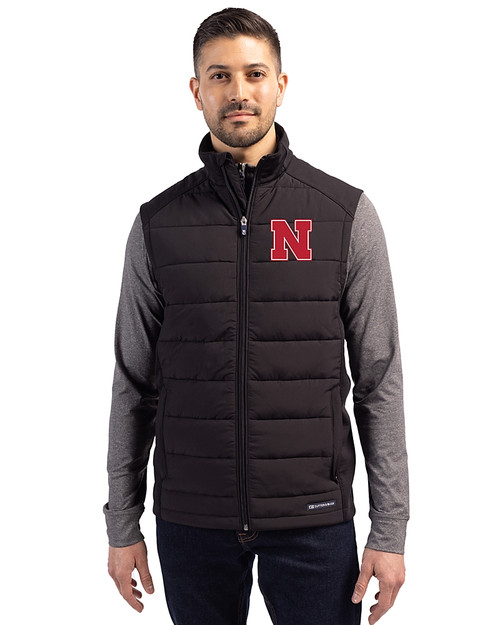 Nebraska Cornhuskers Cutter & Buck Evoke Hybrid Softshell Recycled Mens Full Zip Vest Black Front
