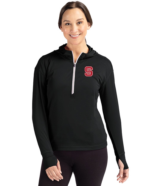 NC State Wolfpack Cutter & Buck Daybreak Eco Recycled Womens Half Zip Hoodie Black Front